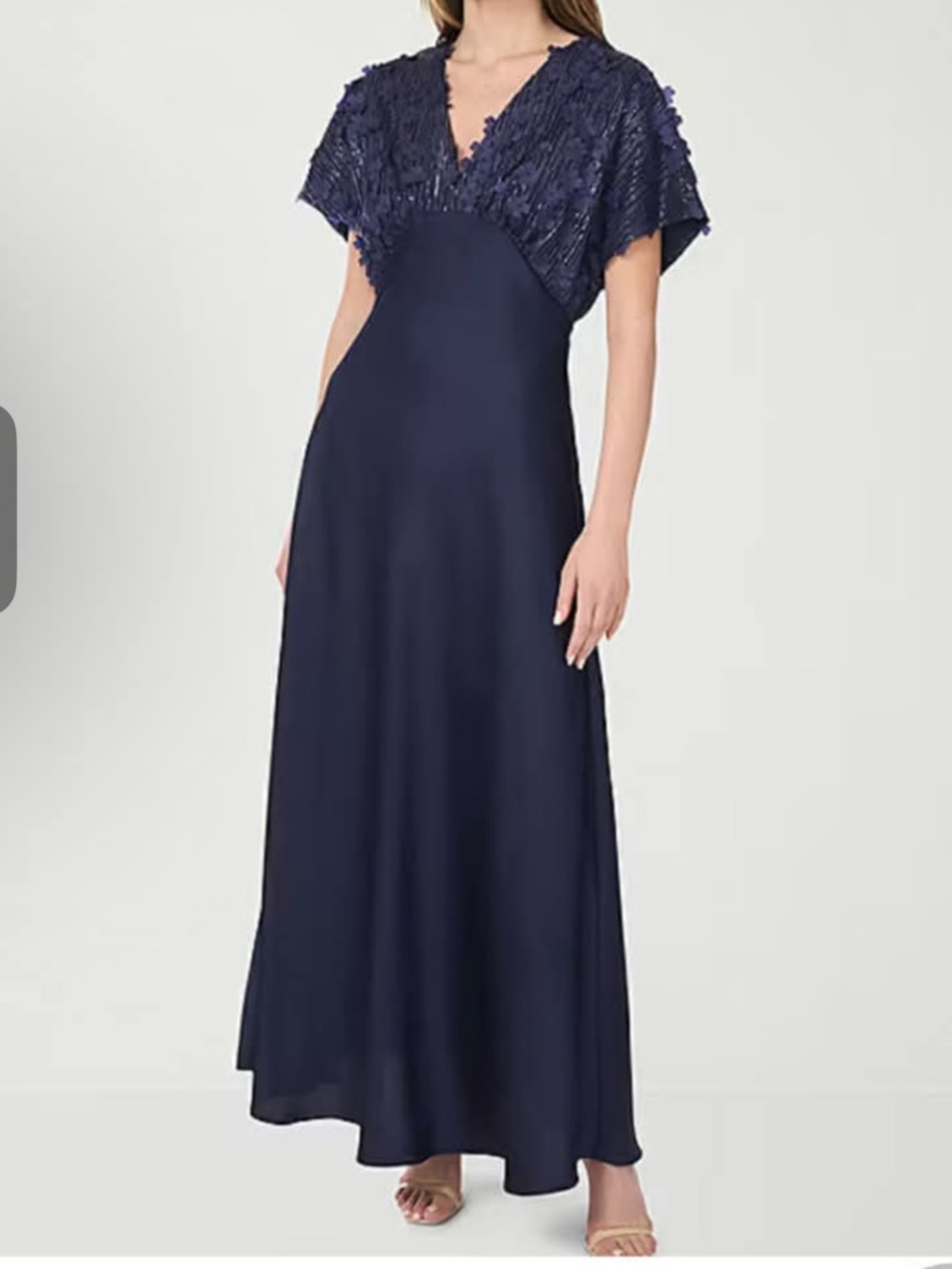 CeCe Satin Womens Applique Short Sleeve Floral Evening Gown